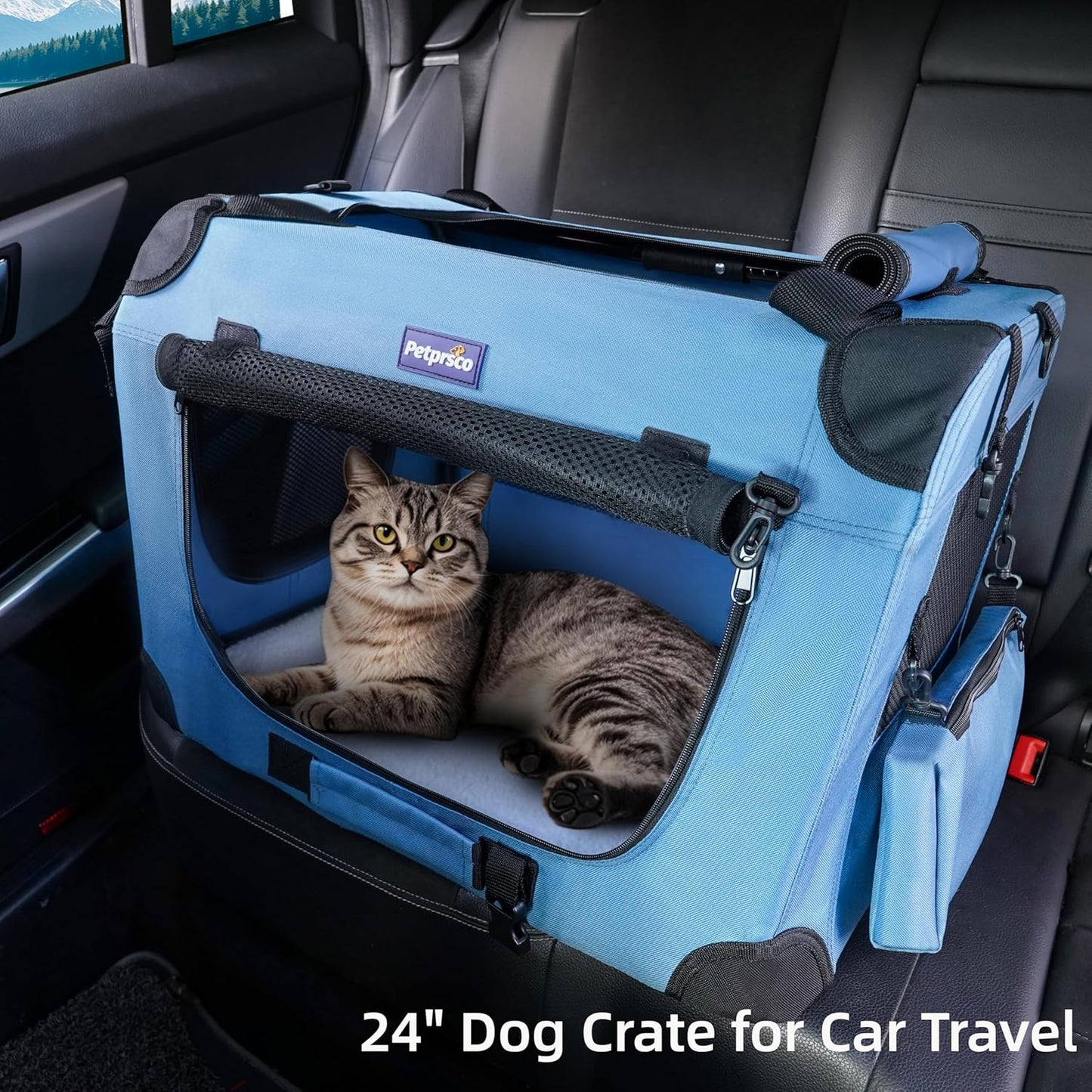 Portable Collapsible Dog Crate, 24" Soft Dog Crate for Car Travel | Includes Mat, Blanket & Bowl, Strong Fabric, 4-Sided Mesh Vents, 3 Doors, Fit Small Dogs & Large Cats Indoor and Outdoor Use