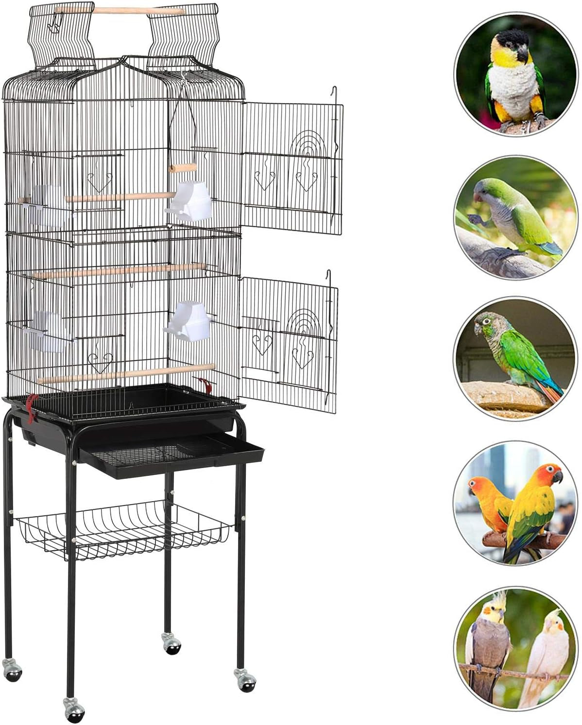 Yaheetech 64'' Open Top Bird Cage for Parakeets & Cockatiels, Black | Detachable Rolling Stand, Easy-Clean Slide Tray, Multi-Door Access, 3/8" Bar Spacing, Indoor/Outdoor Use