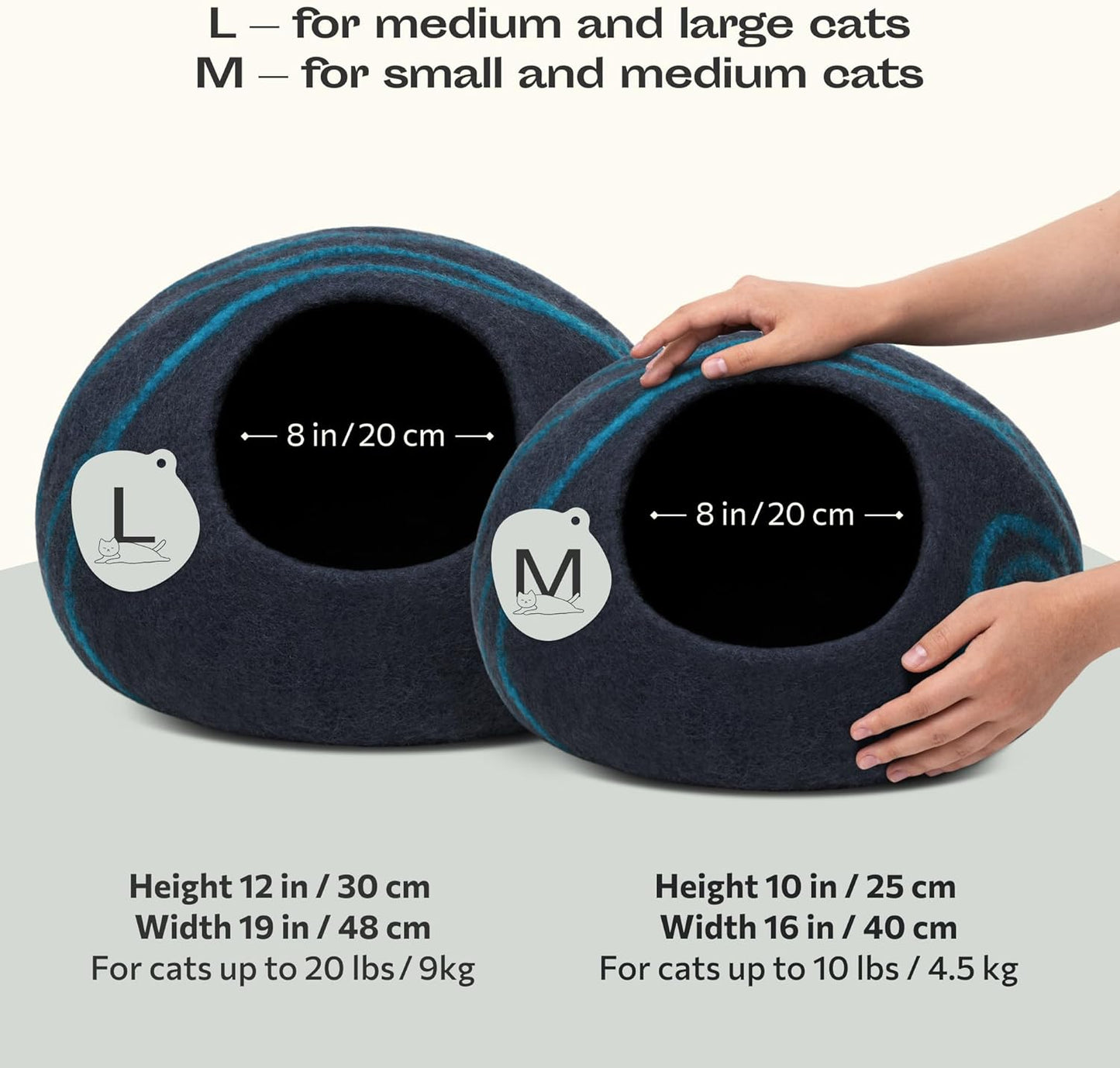 Merino Wool Cat Cave Bed for Indoor Cats (Large, Back Aqua) | Premium Handmade Felt Enclosure, Soft, Lightweight, Breathable, Adjustable Design