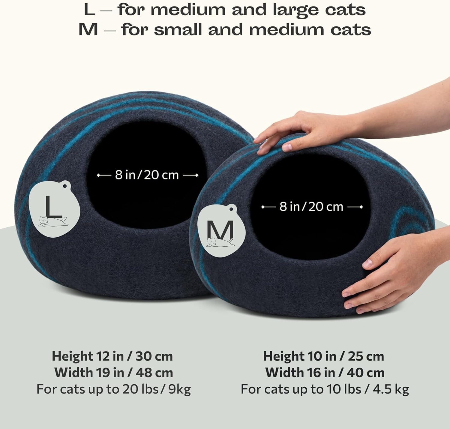 Merino Wool Cat Cave Bed for Indoor Cats (Large, Back Aqua) | Premium Handmade Felt Enclosure, Soft, Lightweight, Breathable, Adjustable Design
