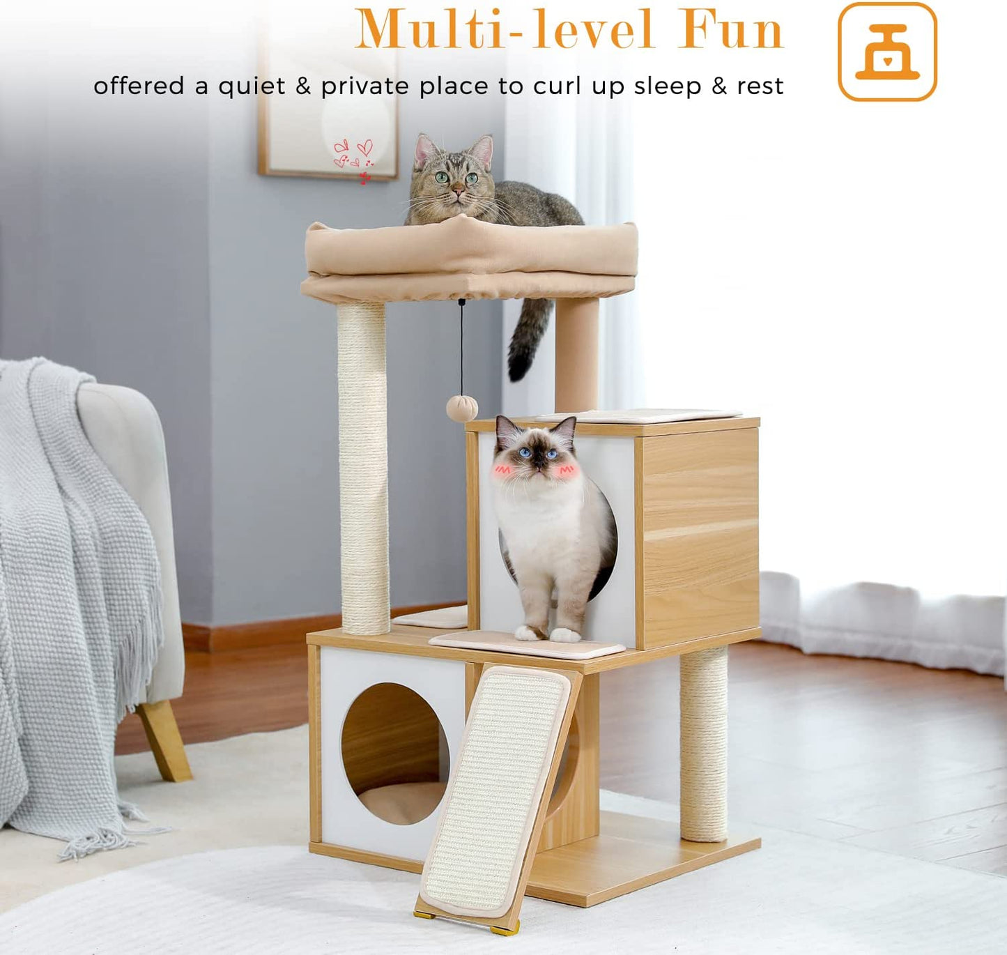 35-Inch Contemporary Cat Tower with Dual Condos, Sturdy Wooden Structure, Large Scratching Ramp, and Sisal Posts for Indoor Cats