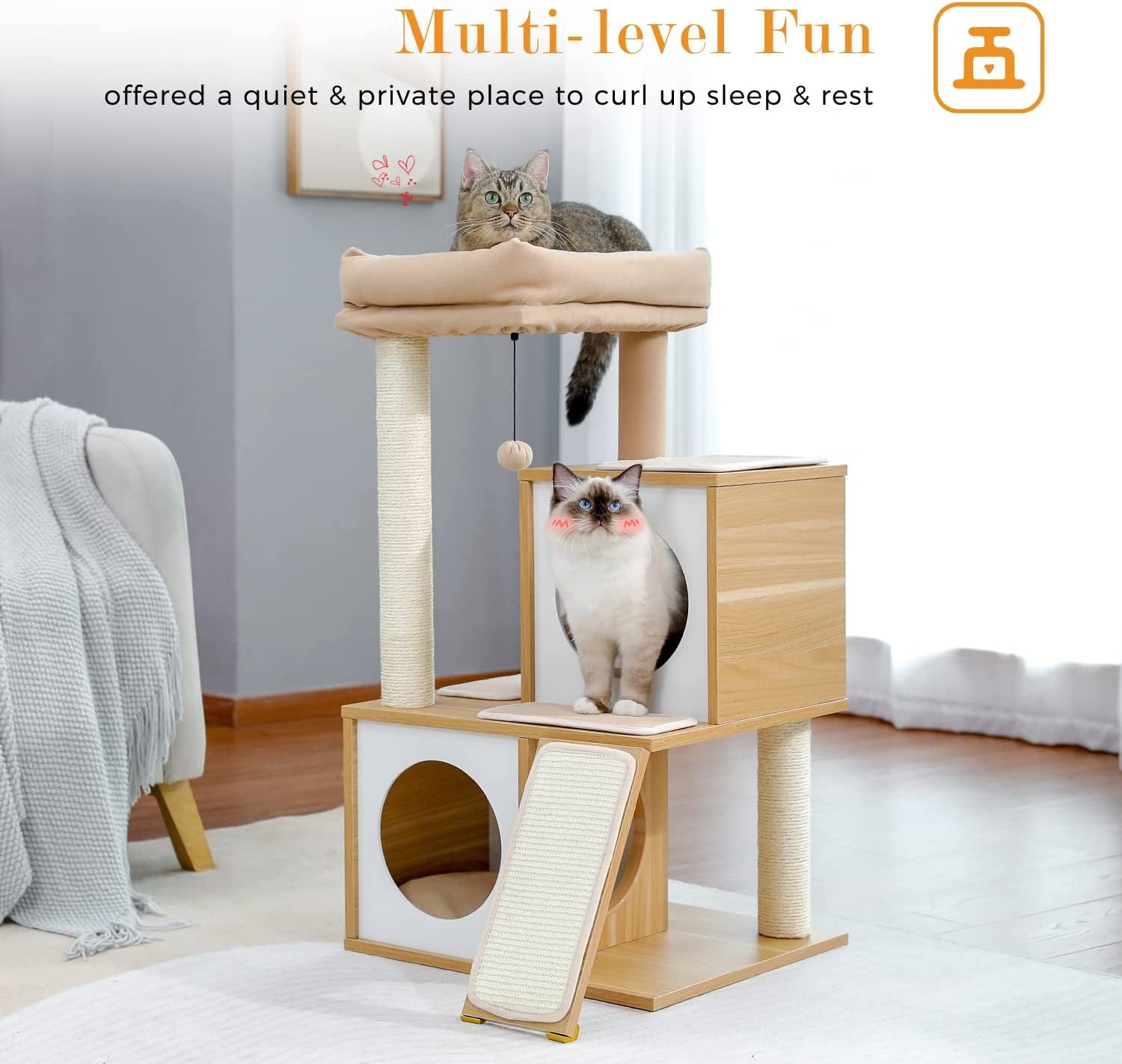 35-Inch Contemporary Cat Tower with Dual Condos, Sturdy Wooden Structure, Large Scratching Ramp, and Sisal Posts for Indoor Cats