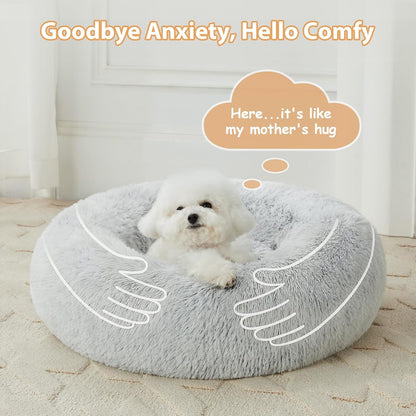 Small Round Calming Dog and Cat Bed for Comfortable Sleep | Washable Plush Donut Cuddler for Small Dogs and Puppies (24x24x8 in, Light Grey)