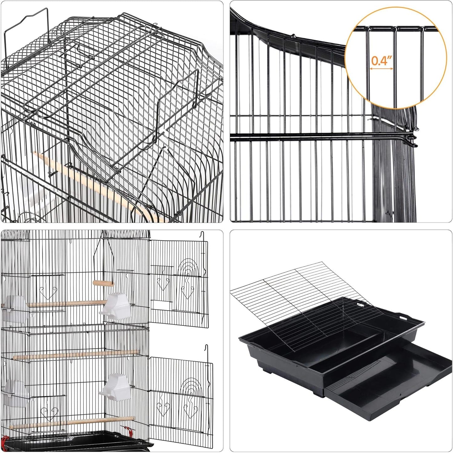 Yaheetech 64'' Open Top Bird Cage for Parakeets & Cockatiels, Black | Detachable Rolling Stand, Easy-Clean Slide Tray, Multi-Door Access, 3/8" Bar Spacing, Indoor/Outdoor Use