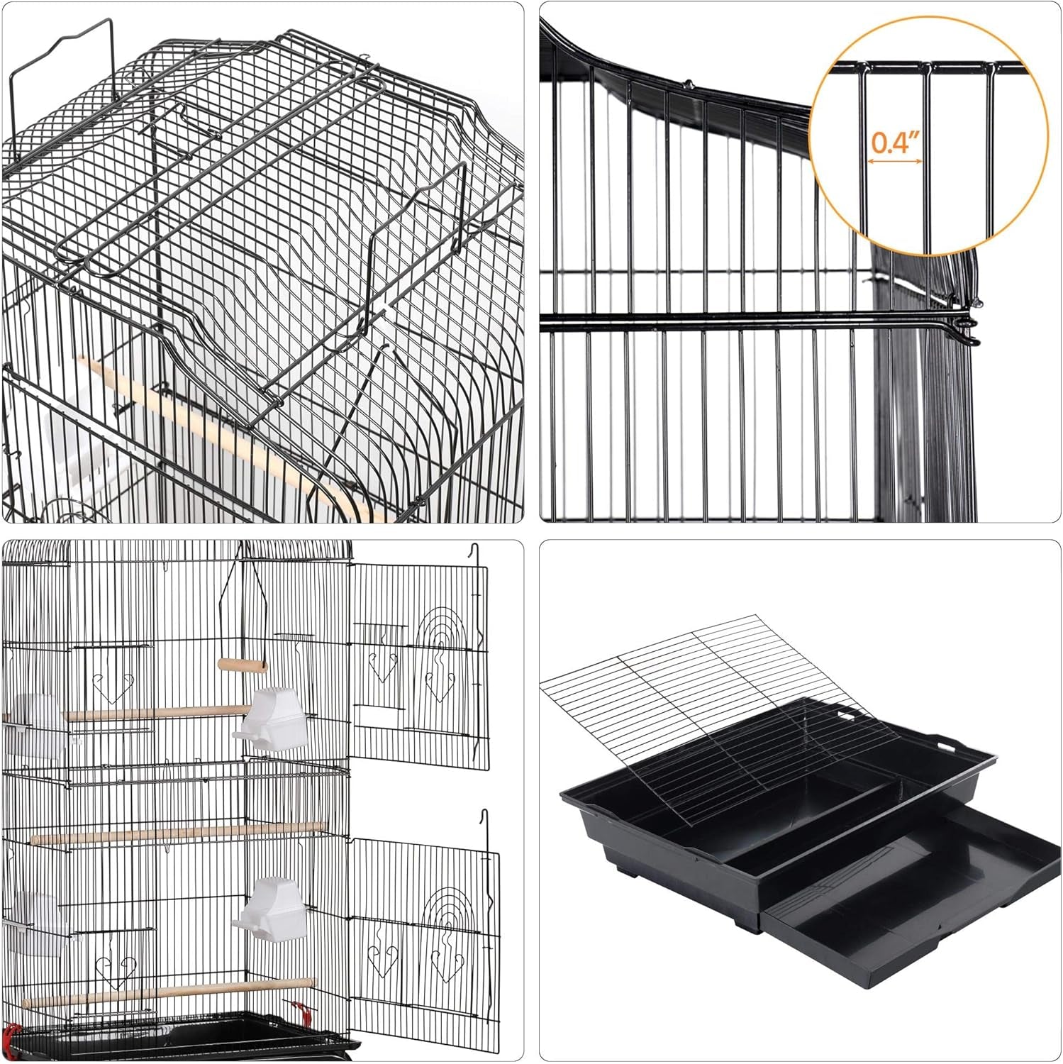 Yaheetech 64'' Open Top Bird Cage for Parakeets & Cockatiels, Black | Detachable Rolling Stand, Easy-Clean Slide Tray, Multi-Door Access, 3/8" Bar Spacing, Indoor/Outdoor Use