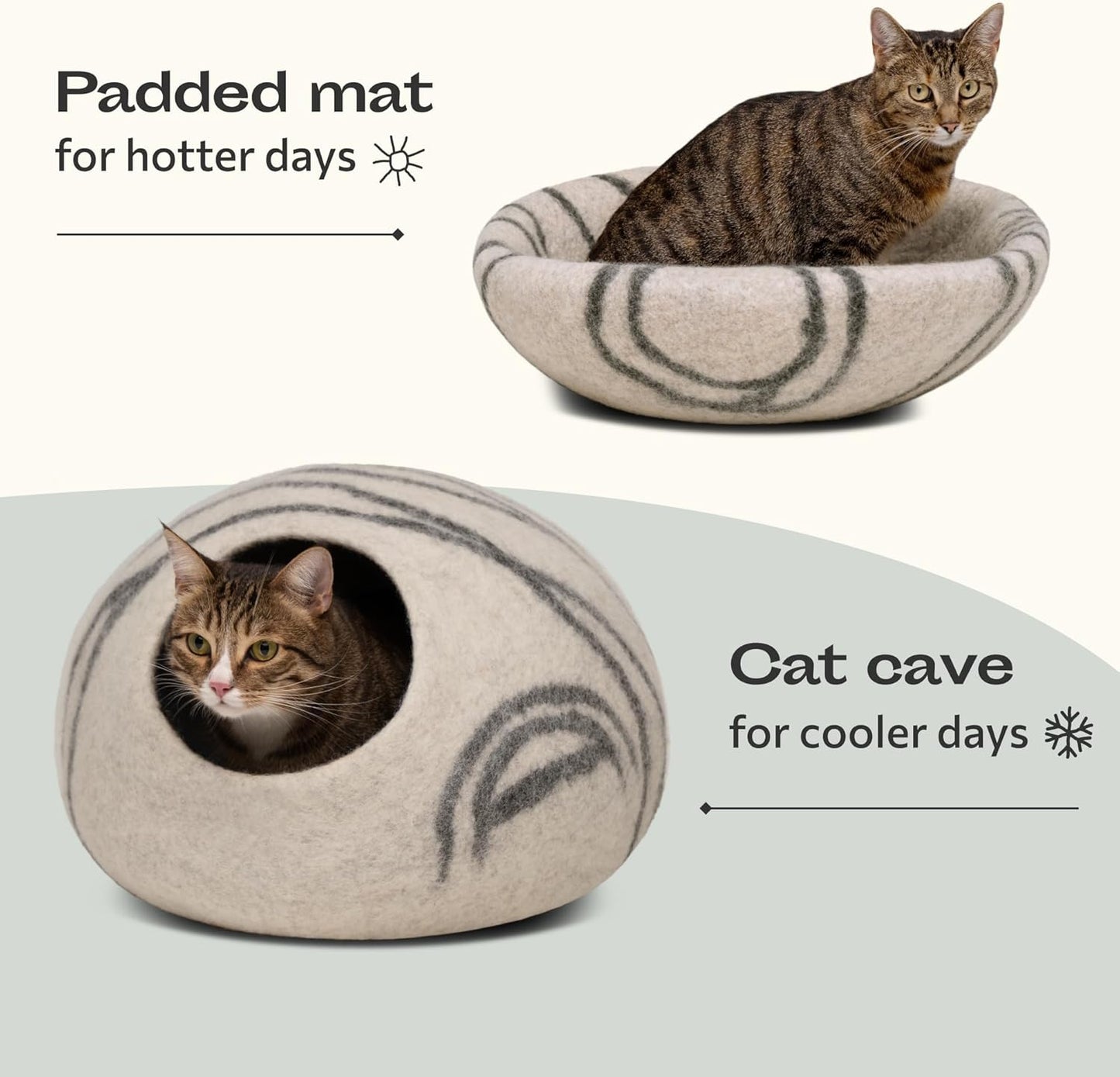 Cat Cave - Merino Wool Bed for Indoor Cats (Light Gray, Large) | Cat Bed Enclosure, Premium Felt, Handmade, Super Soft, Lightweight, Breathable, Adjustable Shape