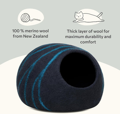 Merino Wool Cat Cave Bed for Indoor Cats (Large, Back Aqua) | Premium Handmade Felt Enclosure, Soft, Lightweight, Breathable, Adjustable Design