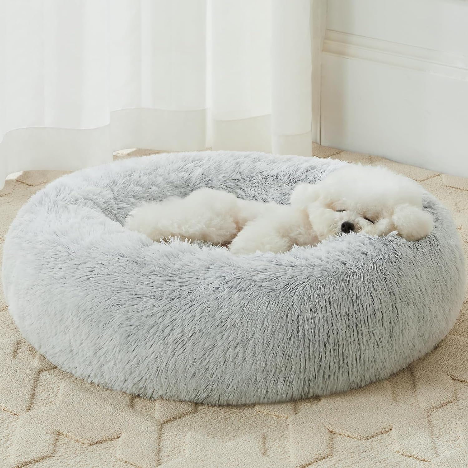 Small Round Calming Dog and Cat Bed for Comfortable Sleep | Washable Plush Donut Cuddler for Small Dogs and Puppies (24x24x8 in, Light Grey)