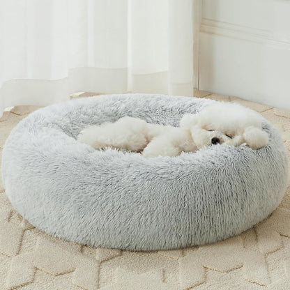 Small Round Calming Dog and Cat Bed for Comfortable Sleep | Washable Plush Donut Cuddler for Small Dogs and Puppies (24x24x8 in, Light Grey)