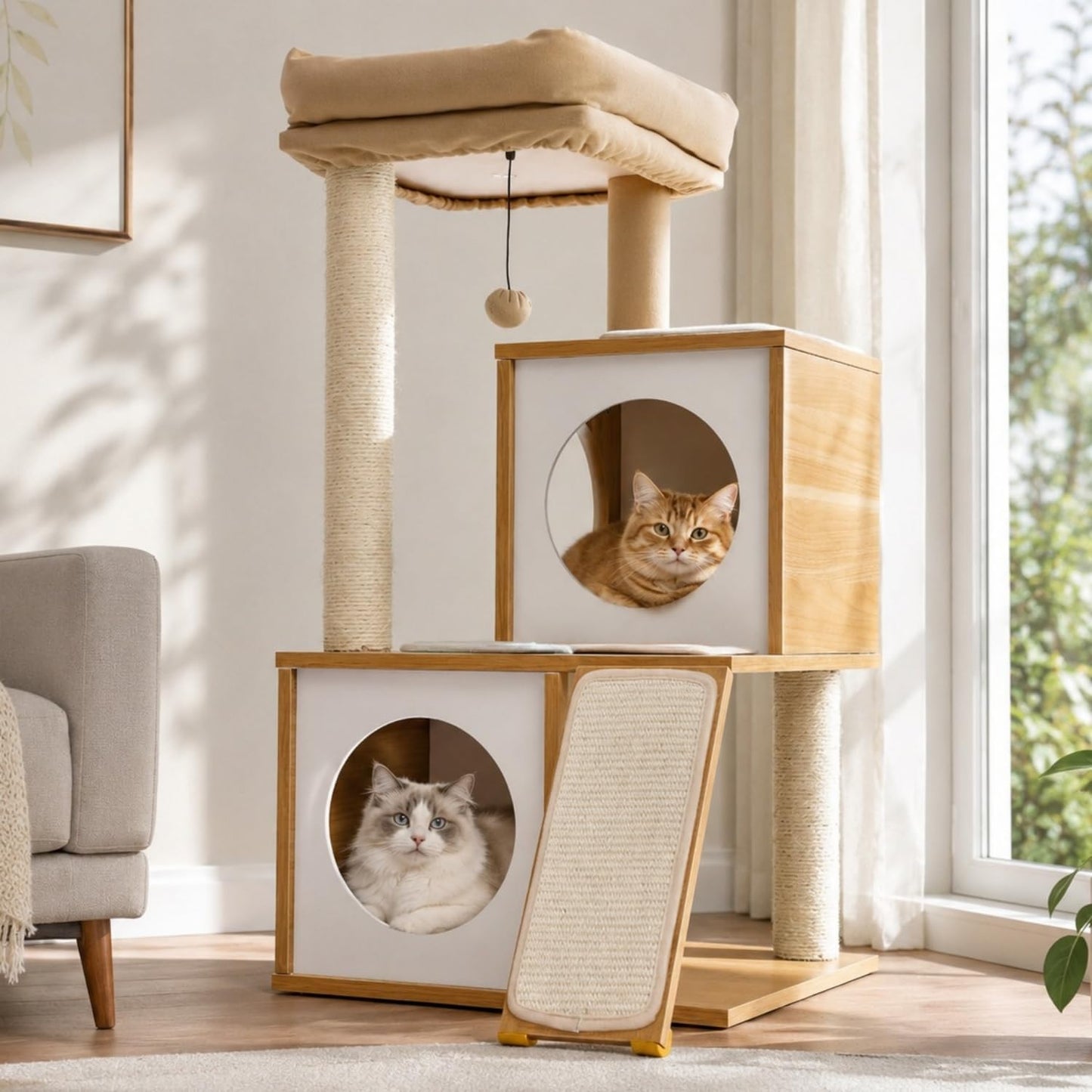 35-Inch Contemporary Cat Tower with Dual Condos, Sturdy Wooden Structure, Large Scratching Ramp, and Sisal Posts for Indoor Cats
