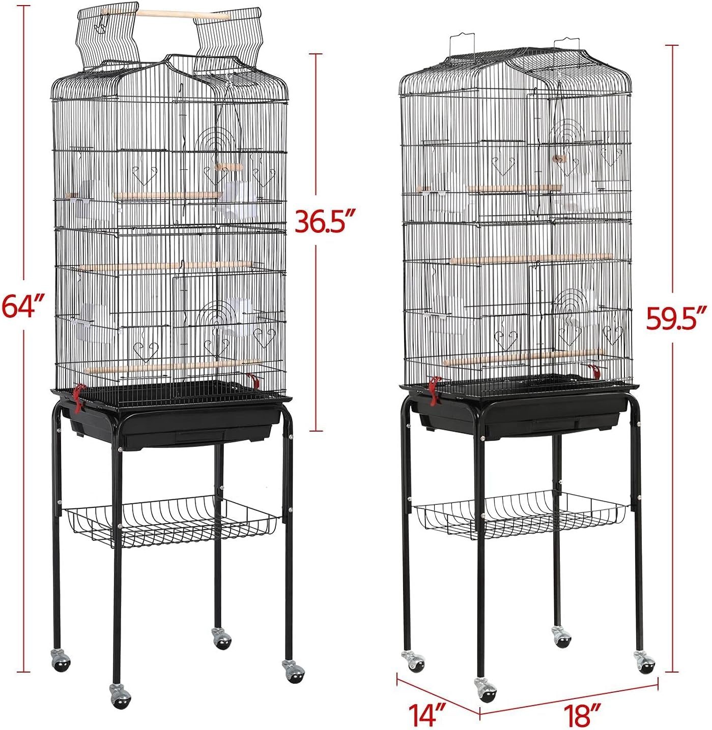 Yaheetech 64'' Open Top Bird Cage for Parakeets & Cockatiels, Black | Detachable Rolling Stand, Easy-Clean Slide Tray, Multi-Door Access, 3/8" Bar Spacing, Indoor/Outdoor Use