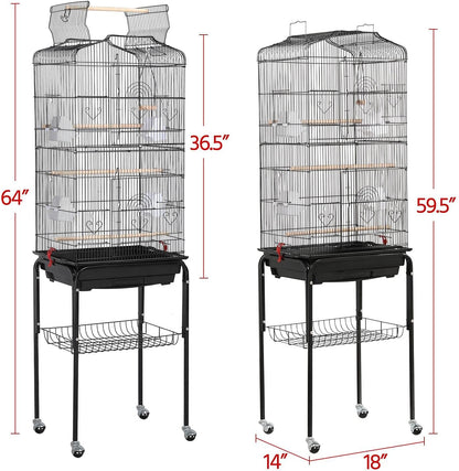 Yaheetech 64'' Open Top Bird Cage for Parakeets & Cockatiels, Black | Detachable Rolling Stand, Easy-Clean Slide Tray, Multi-Door Access, 3/8" Bar Spacing, Indoor/Outdoor Use