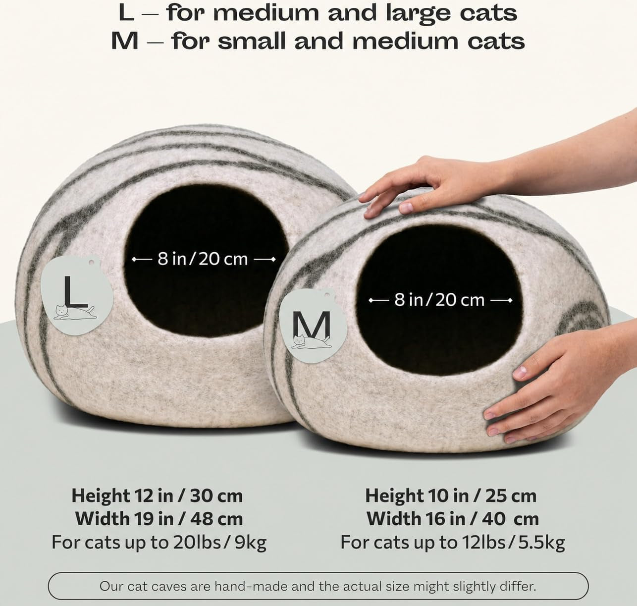 Cat Cave - Merino Wool Bed for Indoor Cats (Light Gray, Large) | Cat Bed Enclosure, Premium Felt, Handmade, Super Soft, Lightweight, Breathable, Adjustable Shape