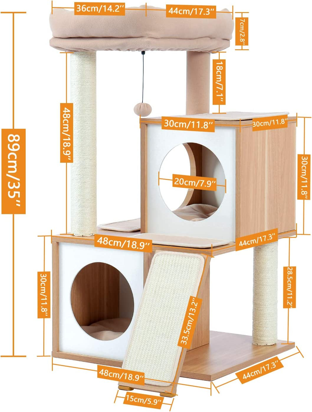 35-Inch Contemporary Cat Tower with Dual Condos, Sturdy Wooden Structure, Large Scratching Ramp, and Sisal Posts for Indoor Cats