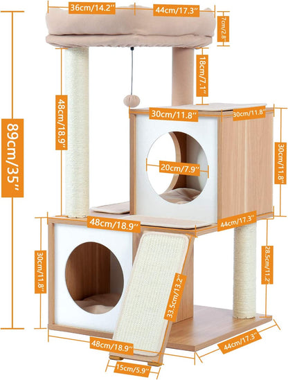 35-Inch Contemporary Cat Tower with Dual Condos, Sturdy Wooden Structure, Large Scratching Ramp, and Sisal Posts for Indoor Cats