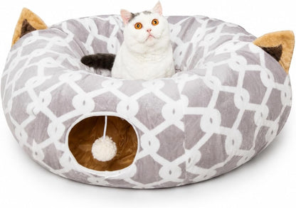 Large Cat Tunnel Bed under Christmas Tree with Fluffy Toy Balls, Small Cushion and Flexible Design- 10 Inch Diameter, 3 Ft Length- Great for Cats, and Small Dogs, Gray Geometric Figure