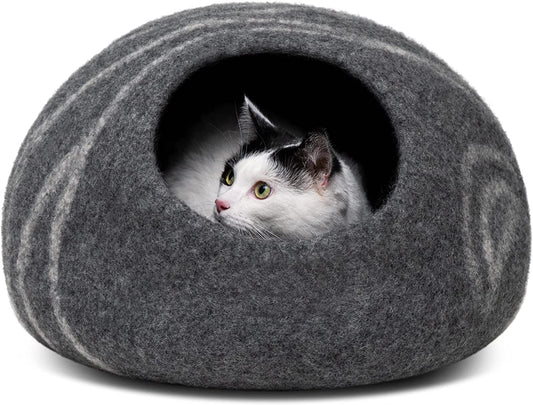 Merino Wool Cat Cave Bed for Indoor Cats (Dark Gray, Medium) | Premium Handmade Felt Enclosure, Soft, Lightweight, Breathable, Adjustable Design