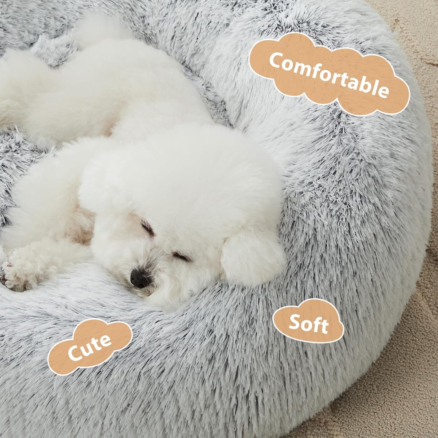 Small Round Calming Dog and Cat Bed for Comfortable Sleep | Washable Plush Donut Cuddler for Small Dogs and Puppies (24x24x8 in, Light Grey)