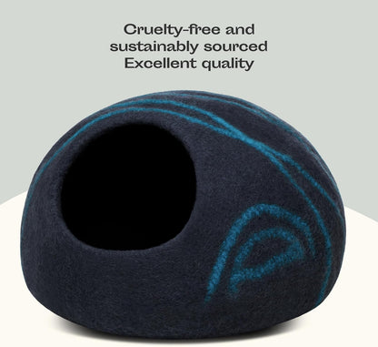 Merino Wool Cat Cave Bed for Indoor Cats (Large, Back Aqua) | Premium Handmade Felt Enclosure, Soft, Lightweight, Breathable, Adjustable Design