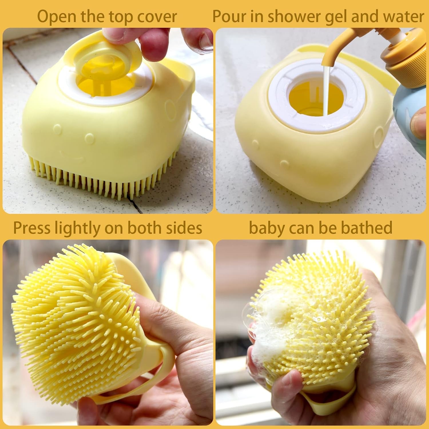 Pet Bath Brush Dog Shampoo Dispenser Dog Bath Brush Scrubber (Yellow) | Soft Silicone Dog Cat Grooming Brush with Shampoo Dispenser for Gentle Massage Deep Cleaning and Bathing Cat Dogs and Puppies