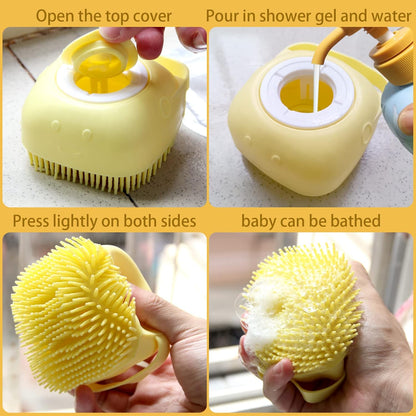 Pet Bath Brush Dog Shampoo Dispenser Dog Bath Brush Scrubber (Yellow) | Soft Silicone Dog Cat Grooming Brush with Shampoo Dispenser for Gentle Massage Deep Cleaning and Bathing Cat Dogs and Puppies