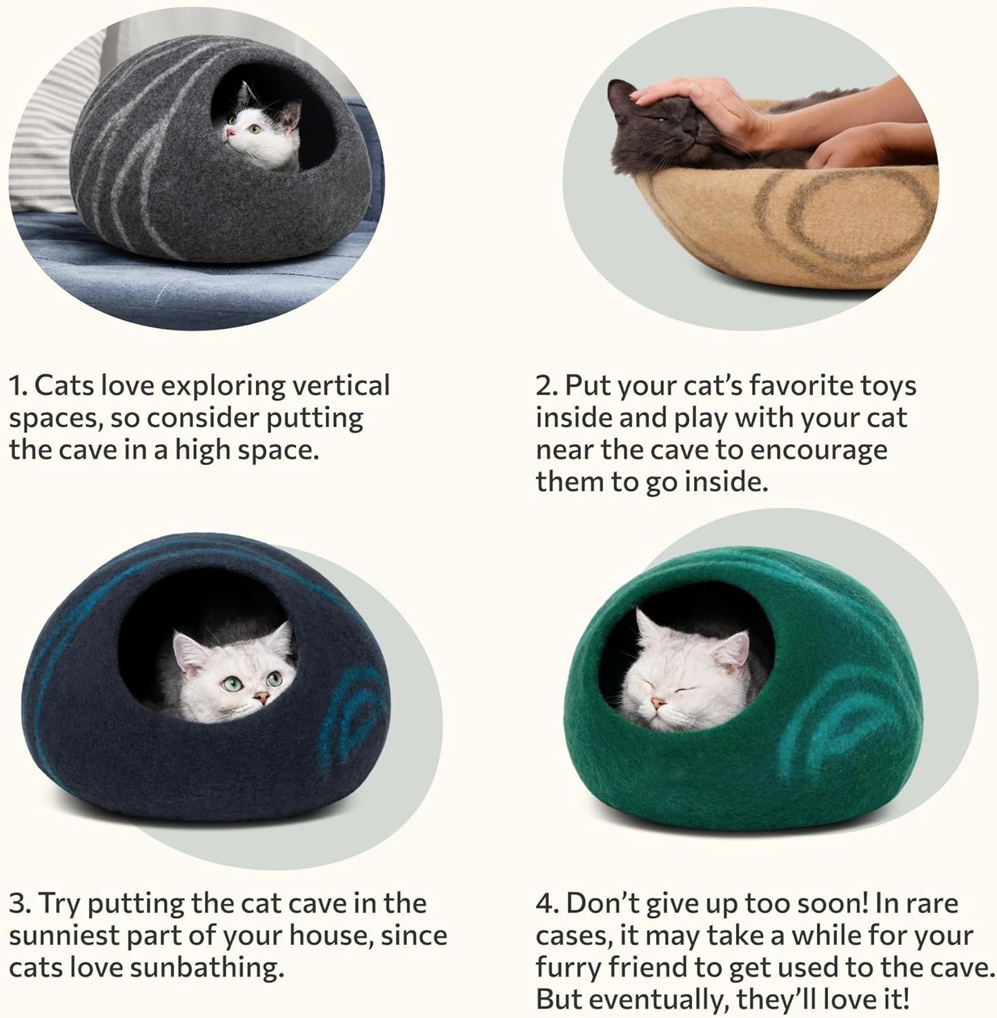 Cat Cave - Merino Wool Bed for Indoor Cats (Light Gray, Large) | Cat Bed Enclosure, Premium Felt, Handmade, Super Soft, Lightweight, Breathable, Adjustable Shape