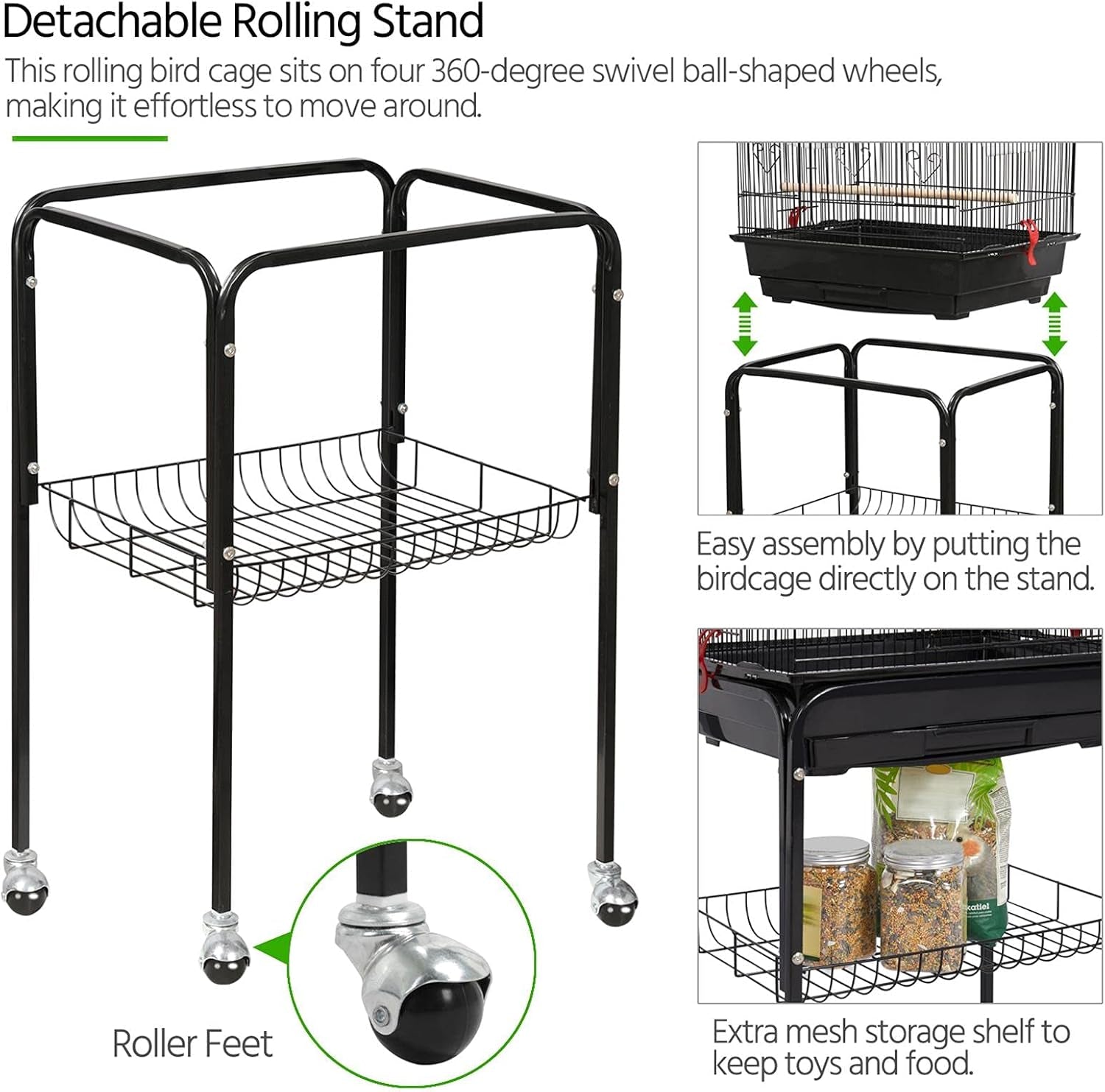 Yaheetech 64'' Open Top Bird Cage for Parakeets & Cockatiels, Black | Detachable Rolling Stand, Easy-Clean Slide Tray, Multi-Door Access, 3/8" Bar Spacing, Indoor/Outdoor Use