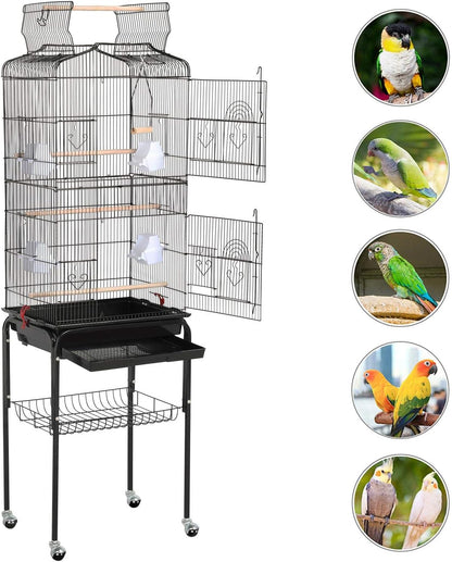 Yaheetech 64'' Open Top Bird Cage for Parakeets & Cockatiels, Black | Detachable Rolling Stand, Easy-Clean Slide Tray, Multi-Door Access, 3/8" Bar Spacing, Indoor/Outdoor Use