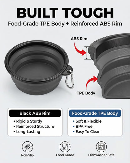 Collapsible Dog Bowls - Set of 2 Durable Portable Water Bowls | Wear-Resistant TPE, Foldable Travel Bowls for Dogs and Cats with Carabiners for Camping, Walking, and Hiking