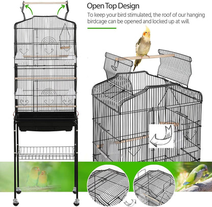 Yaheetech 64'' Open Top Bird Cage for Parakeets & Cockatiels, Black | Detachable Rolling Stand, Easy-Clean Slide Tray, Multi-Door Access, 3/8" Bar Spacing, Indoor/Outdoor Use