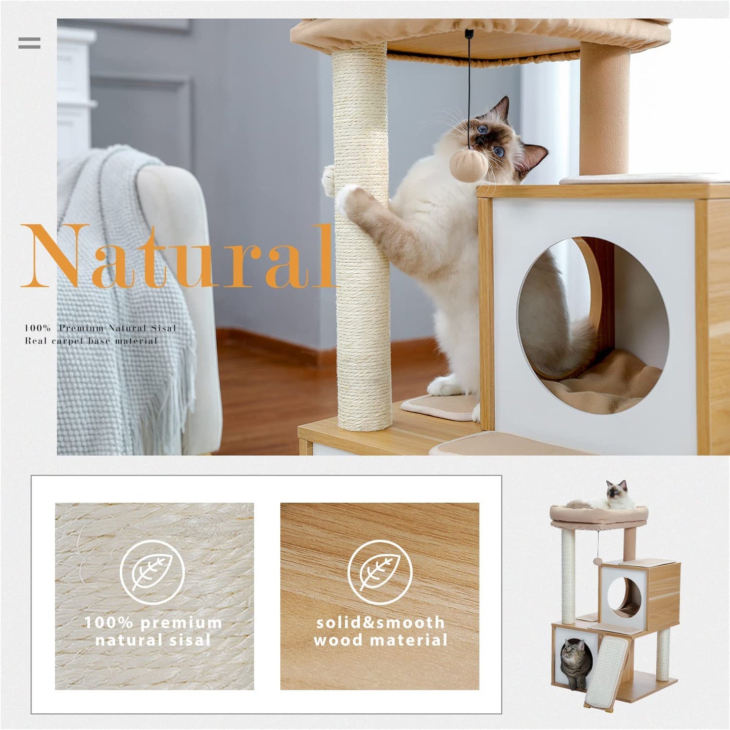 35-Inch Contemporary Cat Tower with Dual Condos, Sturdy Wooden Structure, Large Scratching Ramp, and Sisal Posts for Indoor Cats