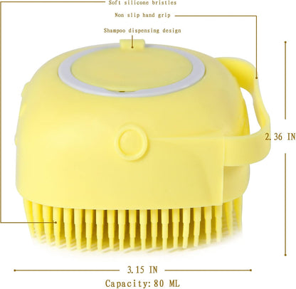 Pet Bath Brush Dog Shampoo Dispenser Dog Bath Brush Scrubber (Yellow) | Soft Silicone Dog Cat Grooming Brush with Shampoo Dispenser for Gentle Massage Deep Cleaning and Bathing Cat Dogs and Puppies