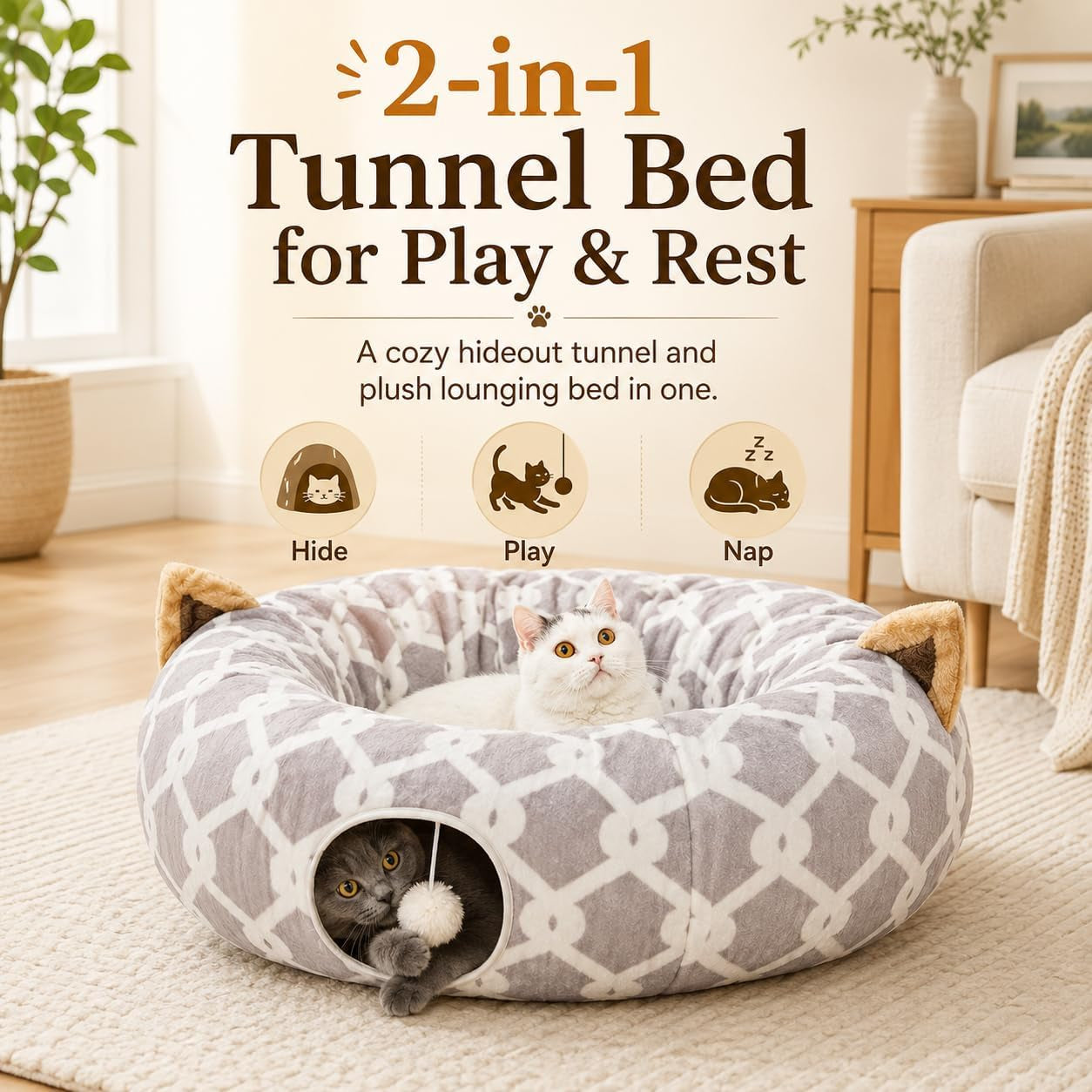 Large Cat Tunnel Bed under Christmas Tree with Fluffy Toy Balls, Small Cushion and Flexible Design- 10 Inch Diameter, 3 Ft Length- Great for Cats, and Small Dogs, Gray Geometric Figure