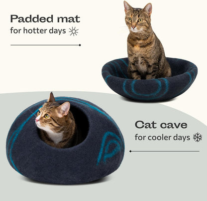 Merino Wool Cat Cave Bed for Indoor Cats (Large, Back Aqua) | Premium Handmade Felt Enclosure, Soft, Lightweight, Breathable, Adjustable Design