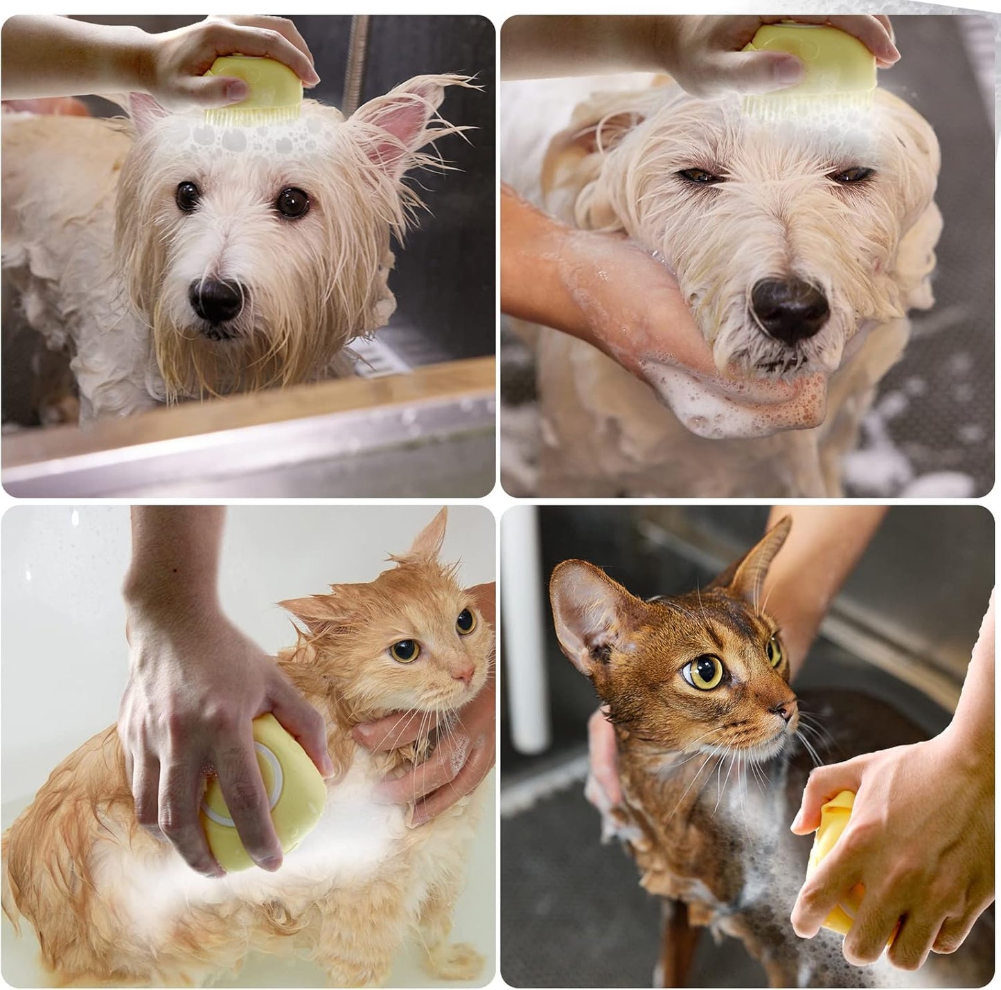 Pet Bath Brush Dog Shampoo Dispenser Dog Bath Brush Scrubber (Yellow) | Soft Silicone Dog Cat Grooming Brush with Shampoo Dispenser for Gentle Massage Deep Cleaning and Bathing Cat Dogs and Puppies