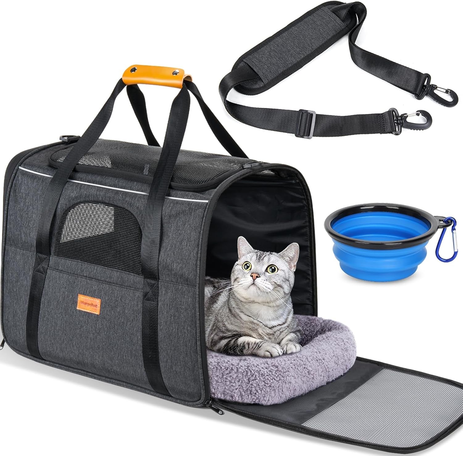 Cat Carrier Soft for Large Medium Cats and Puppy up to 20Lbs | with Dual-Sided Cushion, Secure Buckle and Foldable Bowl, Dog Carriers for Small Dogs - Pet Carrier (Dark Gray)