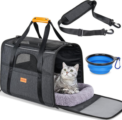 Cat Carrier Soft for Large Medium Cats and Puppy up to 20Lbs | with Dual-Sided Cushion, Secure Buckle and Foldable Bowl, Dog Carriers for Small Dogs - Pet Carrier (Dark Gray)