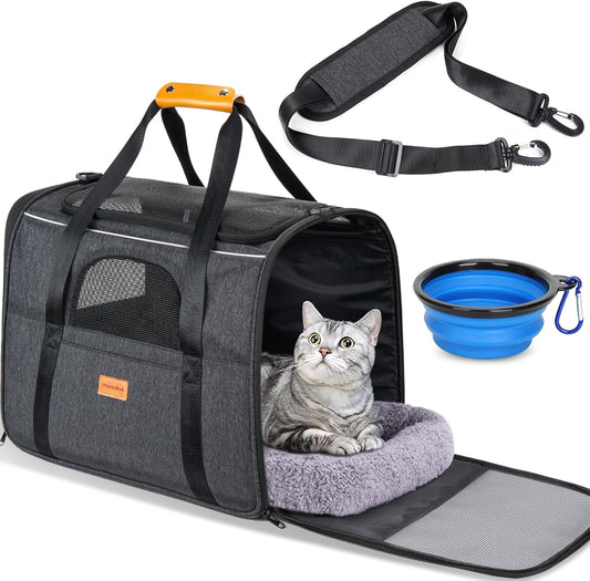 Cat Carrier Soft for Large Medium Cats and Puppy up to 20Lbs | with Dual-Sided Cushion, Secure Buckle and Foldable Bowl, Dog Carriers for Small Dogs - Pet Carrier (Dark Gray)