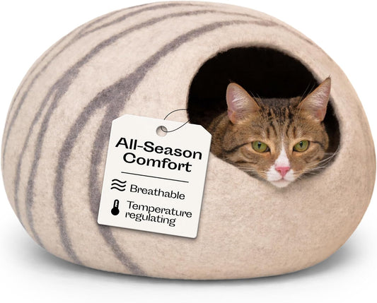 Cat Cave - Merino Wool Bed for Indoor Cats (Light Gray, Large) | Cat Bed Enclosure, Premium Felt, Handmade, Super Soft, Lightweight, Breathable, Adjustable Shape
