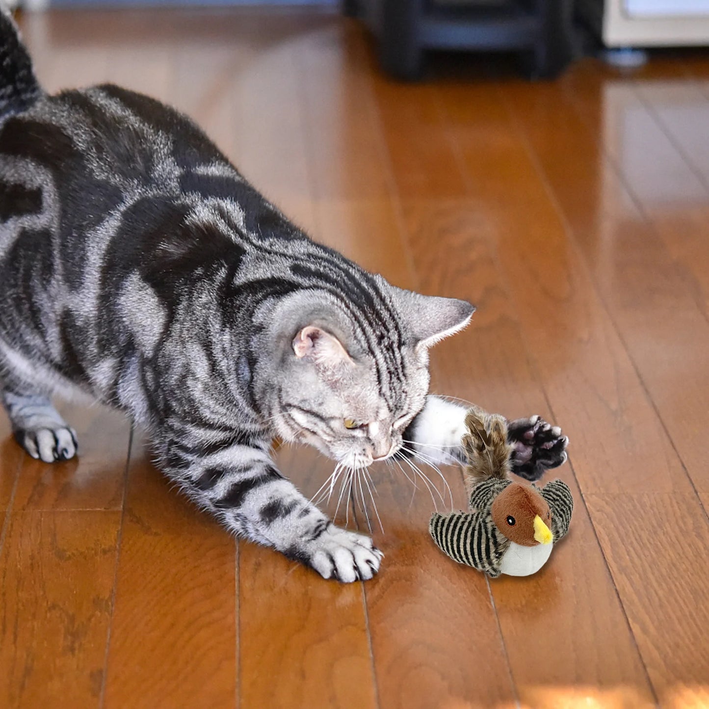 Automated Interactive Cat Toy with Chirping Bird Sounds and Feather Tail for Engaging Solo Play