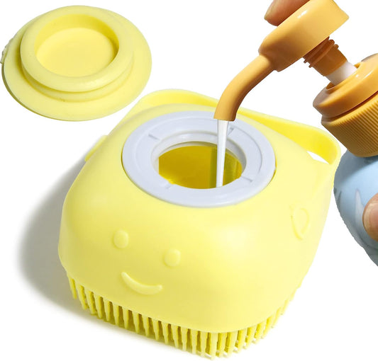 Pet Bath Brush Dog Shampoo Dispenser Dog Bath Brush Scrubber (Yellow) | Soft Silicone Dog Cat Grooming Brush with Shampoo Dispenser for Gentle Massage Deep Cleaning and Bathing Cat Dogs and Puppies