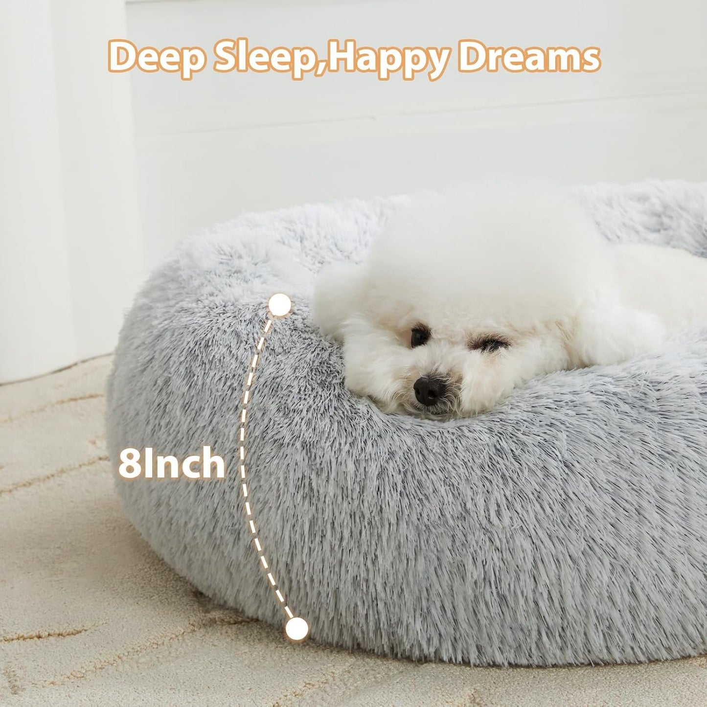 Small Round Calming Dog and Cat Bed for Comfortable Sleep | Washable Plush Donut Cuddler for Small Dogs and Puppies (24x24x8 in, Light Grey)
