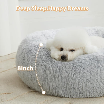Small Round Calming Dog and Cat Bed for Comfortable Sleep | Washable Plush Donut Cuddler for Small Dogs and Puppies (24x24x8 in, Light Grey)