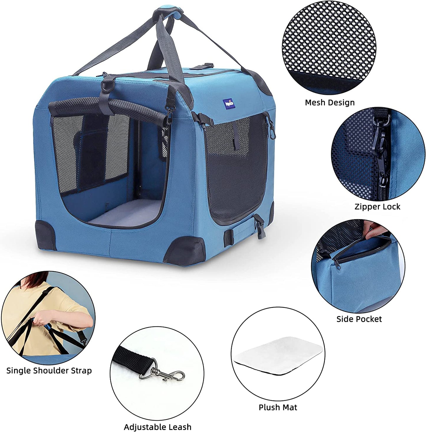 Portable Collapsible Dog Crate, 24" Soft Dog Crate for Car Travel | Includes Mat, Blanket & Bowl, Strong Fabric, 4-Sided Mesh Vents, 3 Doors, Fit Small Dogs & Large Cats Indoor and Outdoor Use