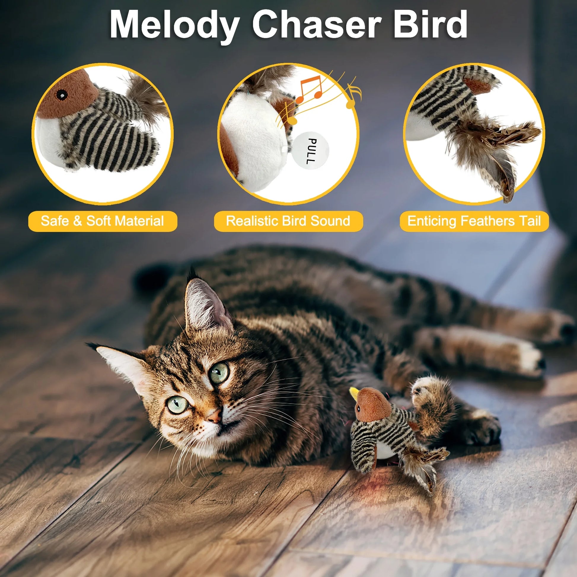 Automated Interactive Cat Toy with Chirping Bird Sounds and Feather Tail for Engaging Solo Play