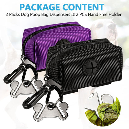 Dog Waste Bag Dispenser Pet Poop Bags Holder for Doggie Waste Bags Dispensers Soft Fabric Zipper Small Doggy Puppy Pouch for Leash Accessory Attachment with Carrier,2Pcs Purple&Black