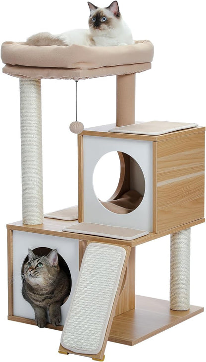 35-Inch Contemporary Cat Tower with Dual Condos, Sturdy Wooden Structure, Large Scratching Ramp, and Sisal Posts for Indoor Cats