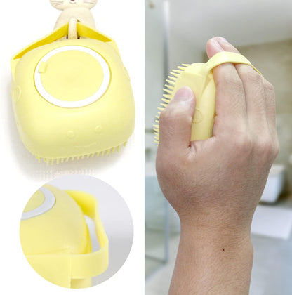 Pet Bath Brush Dog Shampoo Dispenser Dog Bath Brush Scrubber (Yellow) | Soft Silicone Dog Cat Grooming Brush with Shampoo Dispenser for Gentle Massage Deep Cleaning and Bathing Cat Dogs and Puppies