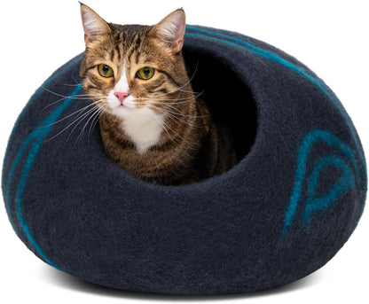 Merino Wool Cat Cave Bed for Indoor Cats (Large, Back Aqua) | Premium Handmade Felt Enclosure, Soft, Lightweight, Breathable, Adjustable Design