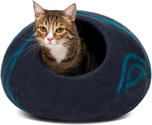 Merino Wool Cat Cave Bed for Indoor Cats (Large, Back Aqua) | Premium Handmade Felt Enclosure, Soft, Lightweight, Breathable, Adjustable Design